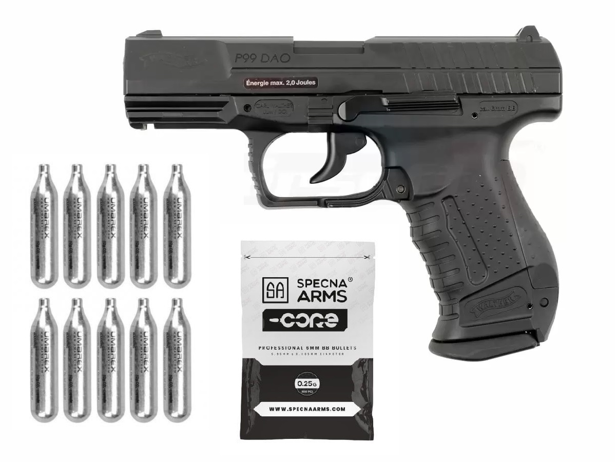 Pachet Umarex Walther P99 DAO + 10 capsule CO2 Umarex + Bile Specna Arms 0.25g 1000 buc.